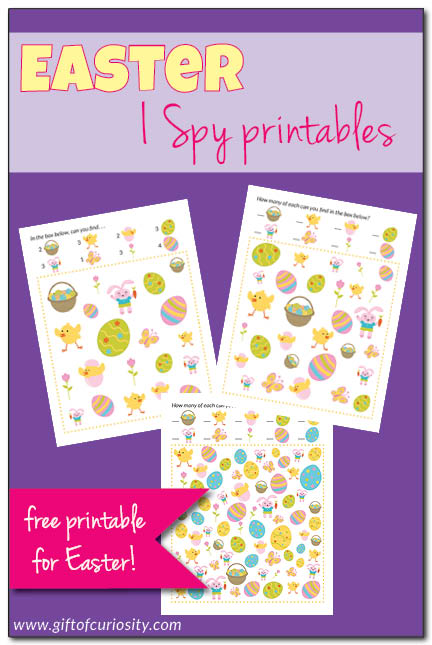 This FREE Easter I Spy Printables download includes six games with three different levels of difficulty. What a fun idea to do with the kids this Easter! || Gift of Curiosity