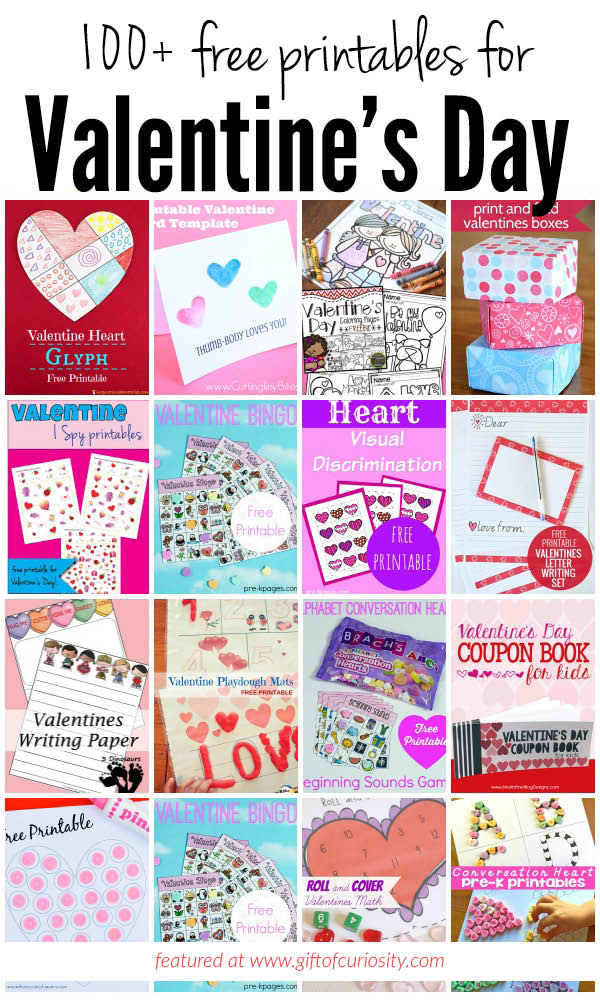 More than 100 free printables for Valentine's Day, including Valentines to give, Valentine learning printables, Valentine game printables, Valentine craft printables, and much more! || Gift of Curiosity