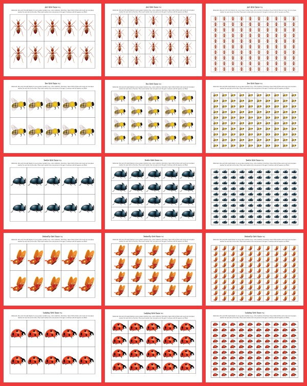 FREE Insects Grid Games for practicing basic math skills. Featuring 10-grid, 20-grid, and 100-grid worksheets with ants, bees, beetles, butterflies, and ladybugs. Perfect for kids in preschool through first grade. || Gift of Curiosity