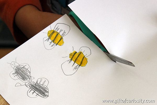 Make a beehive model from pattern blocks to learn about bees, geometry, and patterns. This would be great for a preschool bee unit! || Gift of Curiosity