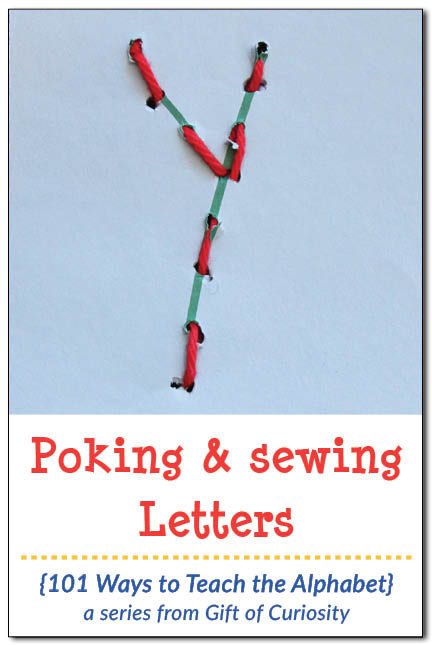 Poking and sewing letters develops fine motor skills and letter knowledge at the same time. This would be great for preschoolers. What a fun activity for teaching the alphabet and helping kids to learn their letters! || Gift of Curiosity