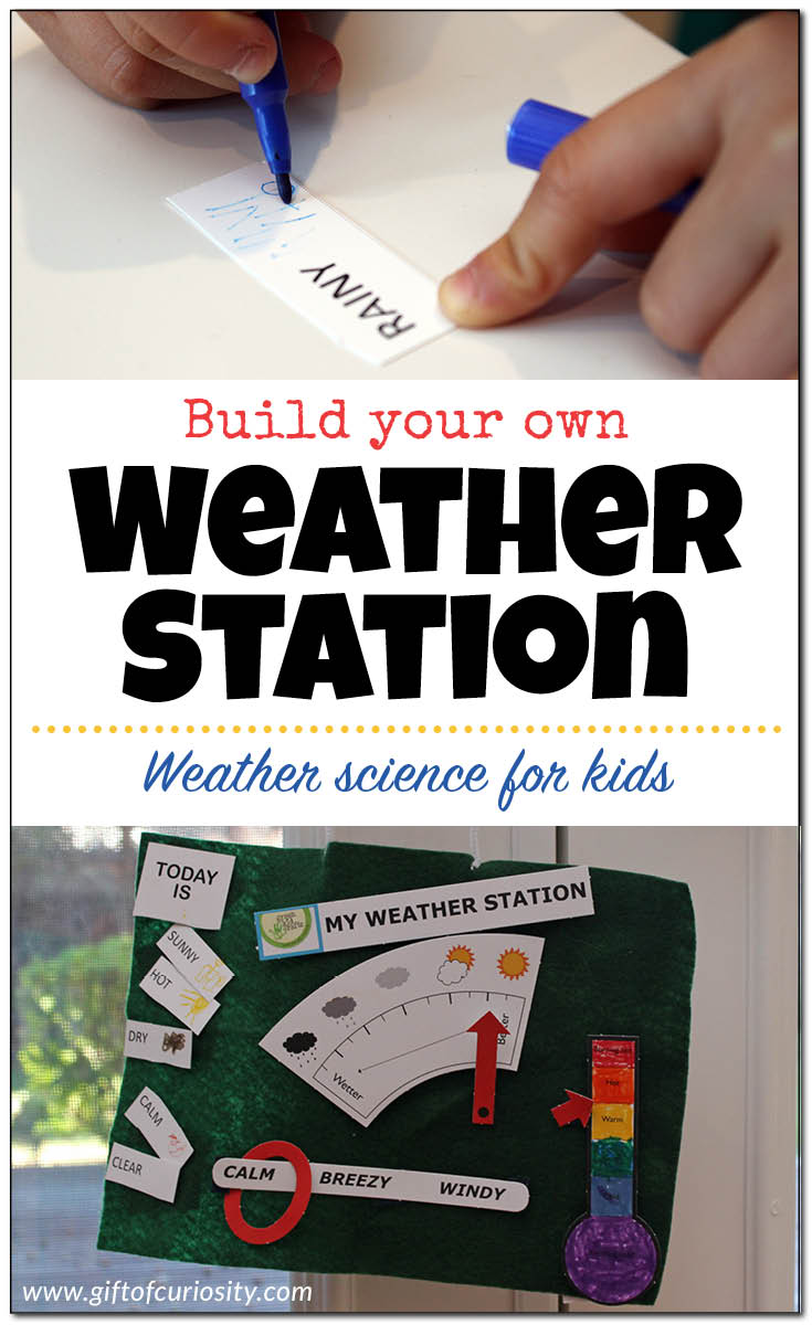 This DIY weather station is a perfect weather science activity for teaching kids about the various weather conditions such as temperature, sky conditions, wind conditions, precipitation, and more. What a great activity to launch a weather unit with preschoolers, kindergarteners, or early elementary students. || Gift of Curiosity