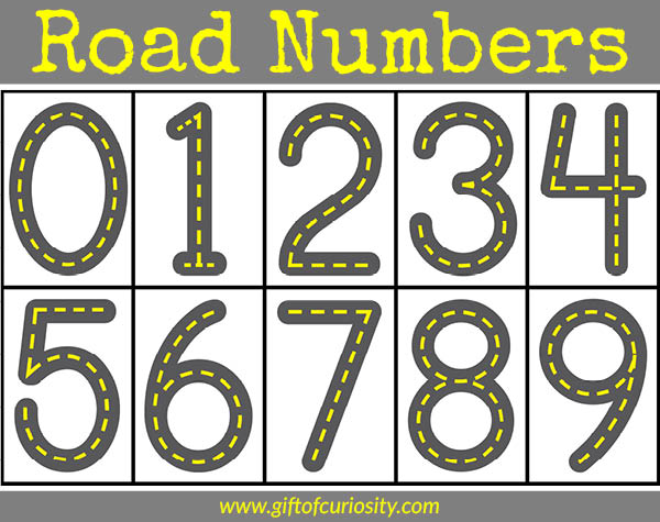Printable Road Numbers activity to learn numbers. This is an AWESOME idea for kids who love cars! Kids can drive their cars on the number roads to learn their numbers! || Gift of Curiosity