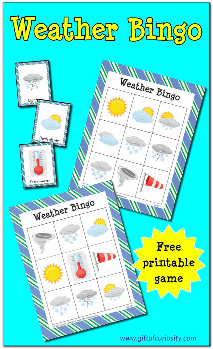 Free printable Weather Bingo game. What a great resource for helping preschoolers, kindergartners, and other young kids learn about the weather! || Gift of Curiosity