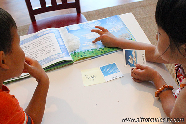 Learning to classify clouds by their shapes and height in the sky is a great weather science activity for kids! This post has resources for helping kids learn about clouds. || Gift of Curiosity