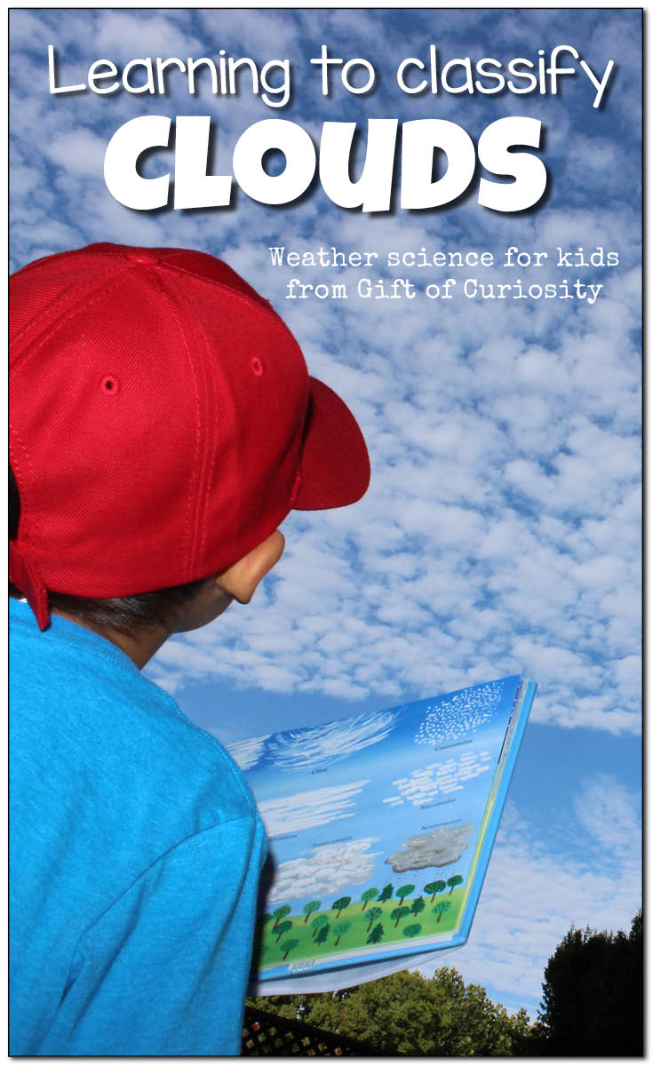 Learning to classify clouds by their shapes and height in the sky is a great weather science activity for kids! This post has resources for helping kids learn about clouds. || Gift of Curiosity