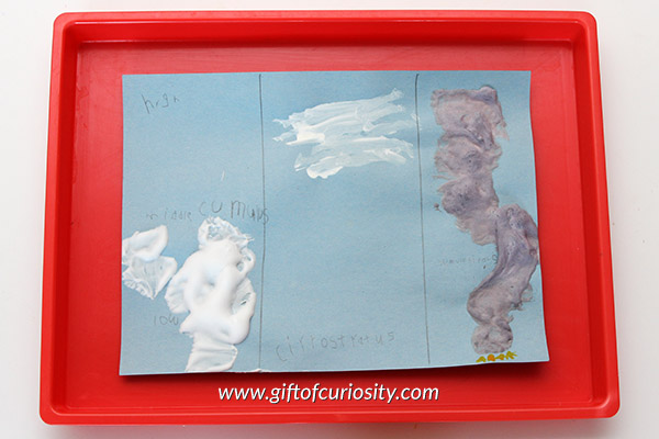 Cloud classification craft for learning about the weather: Kids can use any of three different materials to create different types of clouds, showing both the shape of the clouds as well as the altitude at which each cloud is found. || Gift of Curiosity