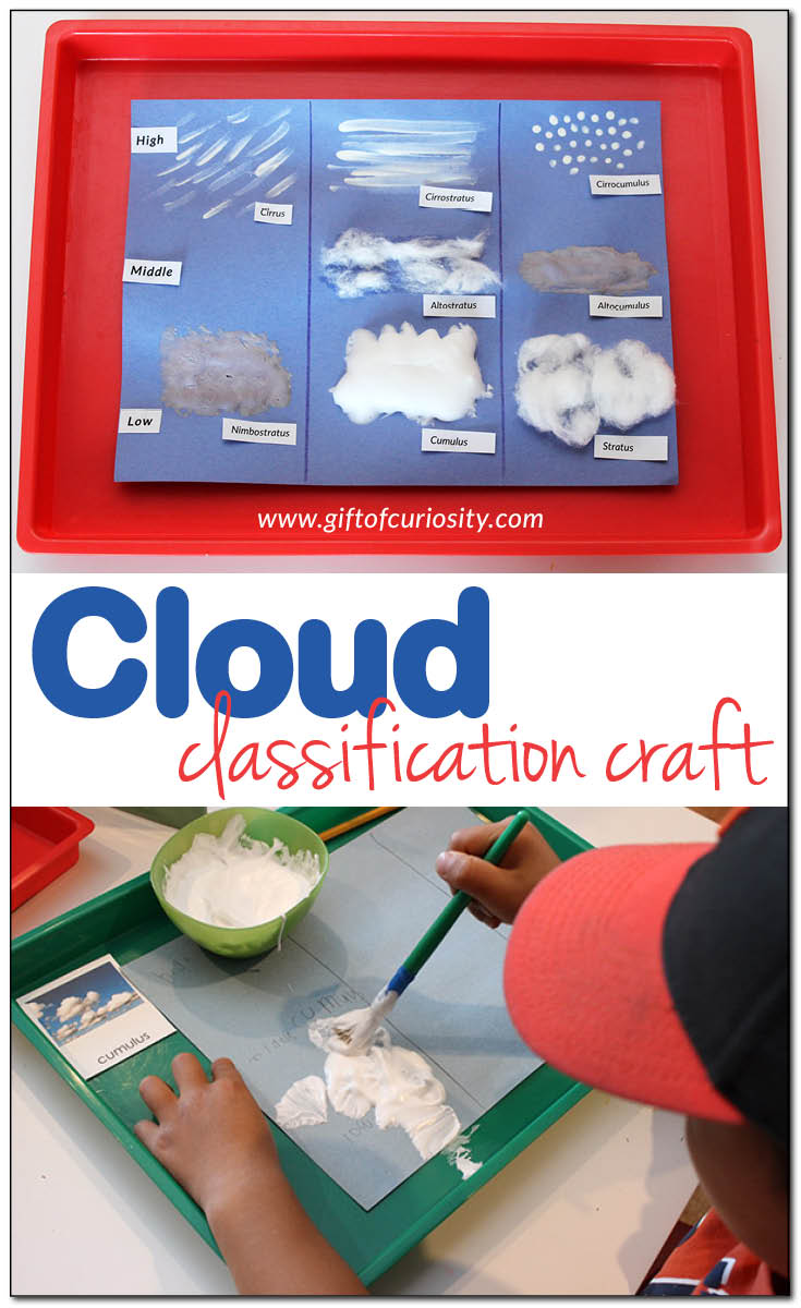 Cloud classification craft for learning about the weather: Kids can use any of three different materials to create different types of clouds, showing both the shape of the clouds as well as the altitude at which each cloud is found. || Gift of Curiosity