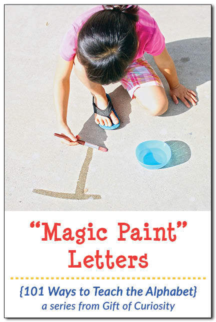 Teach kids to write their letters using "magic paint," a one-ingredient "paint" that makes a mark and then quickly disappears. This is a fun, outdoor activity for teaching the alphabet. My kids would LOVE this idea! || Gift of Curiosity