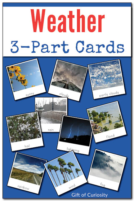 Montessori Weather 3-Part Cards for helping children develop their weather vocabulary. These cards feature pictures and labels for 15 different weather phenomena. These Montessori weather nomenclature cards are a great resource for a weather unit. || Gift of Curiosity