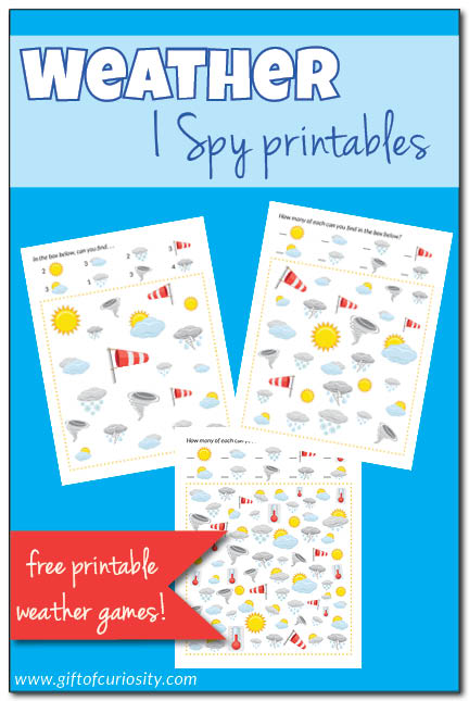 Free printable Weather I Spy game. Great for stimulating curiosity about the weather. I Spy games also support the development of visual discrimination skills and counting skills. Try this game for your next weather unit! || Gift of Curiosity