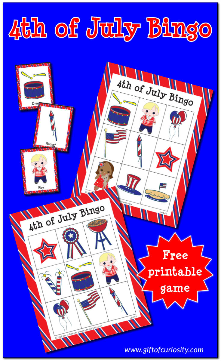 Free printable 4th of July Bingo game. A perfect patriotic game for small groups of kids ages 2 to 9. Download your free copy today! || Gift of Curiosity