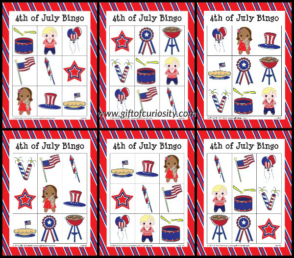 Free printable 4th of July Bingo game. A perfect patriotic game for small groups of kids ages 2 to 9. Download your free copy today! || Gift of Curiosity