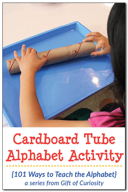 Super simple cardboard tube alphabet activity for teaching letter sounds or letter names. I love how this activity is low-prep but still enticing because it gives kids an object to manipulate. || Gift of Curiosity