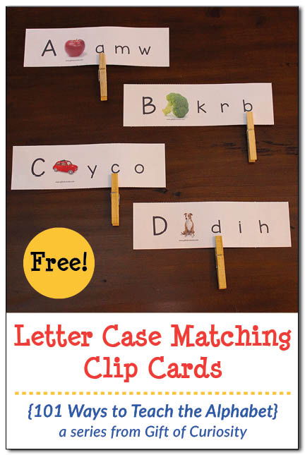 Free printable uppercase and lowercase letter matching clip cards. Great for working on letter recognition, letter sounds, and fine motor skills. || Gift of Curiosity