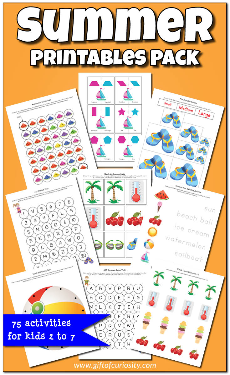 Summer Printables Pack with more than 70 summer activities and worksheets for kids ages 2-7. What a great pack for multi-age groups, and such fun graphics too! || Gift of Curiosity