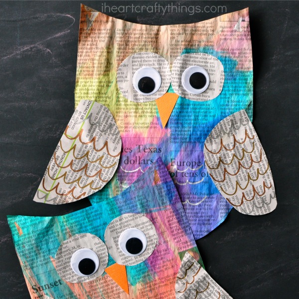Colorful newspaper owl craft from I Heart Crafty Things