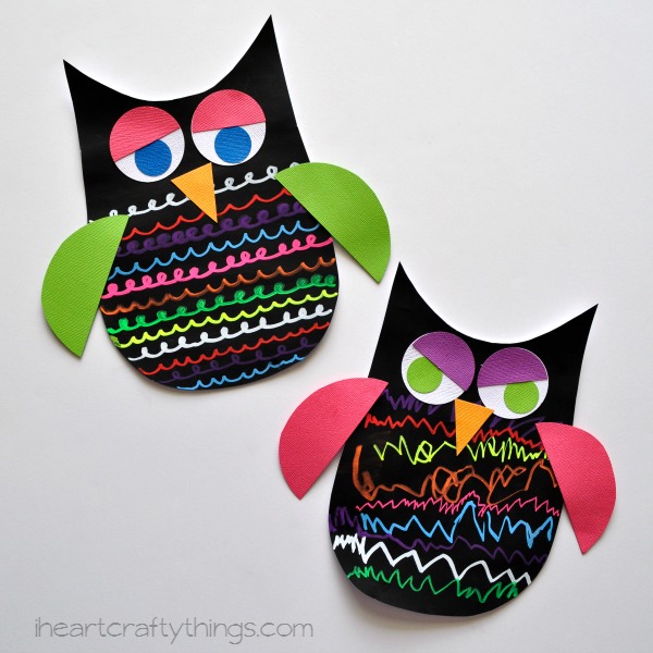Colorful owl craft using chalk from I Heart Crafty Things