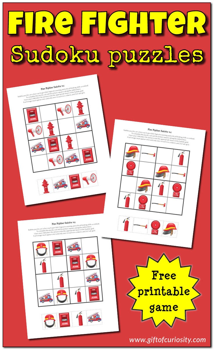 FREE printable Fire Fighter Sudoku Puzzles for young children. These puzzles are not only fun, they stimulate critical thinking and cognitive skills at the same time! || Gift of Curiosity