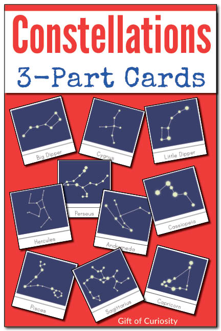 Montessori Constellations 3-part cards featuring 24 different constellations. Includes a version with white stars on a dark background and version with grey stars on a white background. || Gift of Curiosity
