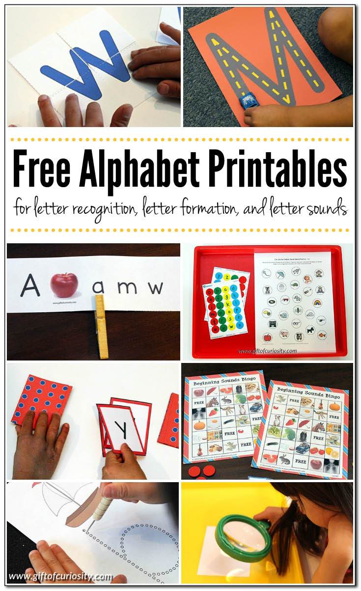  gratis alfabet Printables för bokstavsigenkänning, bokstavsbildning, bokstavsljud och stora och små bokstäver matchning / / gåva av nyfikenhet