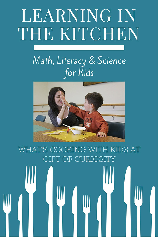 Learning in the Kitchen: Ideas for promoting math, literacy, and science education in the kitchen. Great ideas for kids including a recipe and free printable activity to do at the grocery store. || What's Cooking with Kids for Gift of Curiosity