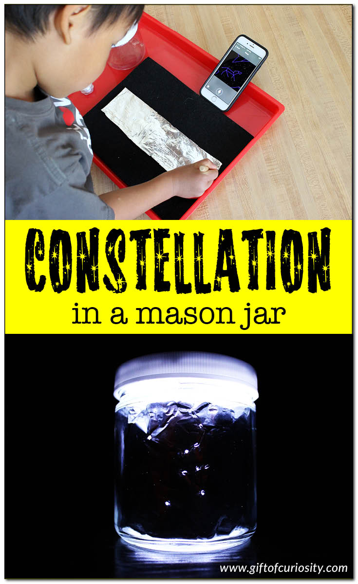 Bring the night sky indoors by making your own constellation in a mason jar. What a great craft for learning about the stars in space! || Gift of Curiosity