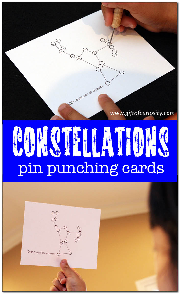 Constellations Pin Punching Cards set featuring 23 constellations from our night sky. Kids learn about the constellations and develop their pencil grip with this Montessori inspired activity. || Gift of Curiosity