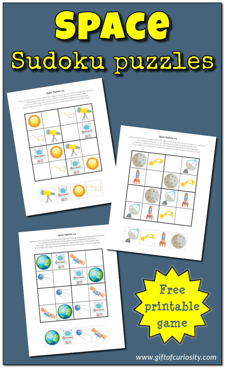 Free printable Space Sudoku Puzzles for space loving kids in preschooler through second grade. What a great way to stimulate critical thinking skills! || Gift of Curiosity