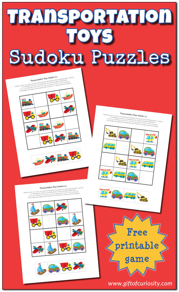 Free printable Transportation Toys Sudoku puzzles for kids who love transportation toys and vehicles of all kinds. Perfect for preschoolers and early elementary students. || Gift of Curiosity
