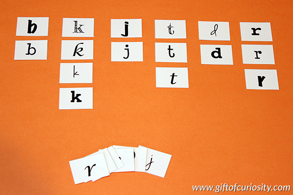 FREE printable Funky Fonts Letter Sorting activity helps kids learn to identify letters written in a variety of fonts || Gift of Curiosity