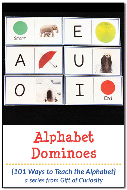 Printable Alphabet Dominoes to work on letter sounds and beginning sound identification. Part of the 101 Ways to Teach the Alphabet series from Gift of Curiosity