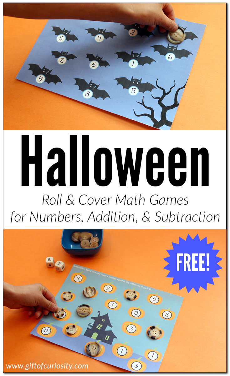 FREE printable Halloween Roll & Cover Math Games. This download includes 3 different games: a number recognition game, a basic addition game, and a basic subtraction game. || Gift of Curiosity