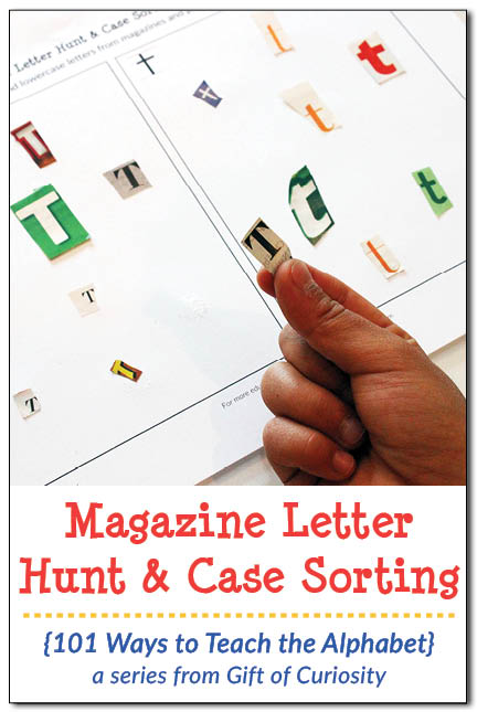 Magazine Letter Hunt and Case Sorting activity with free printable to help kids learn the alphabet || Gift of Curiosity