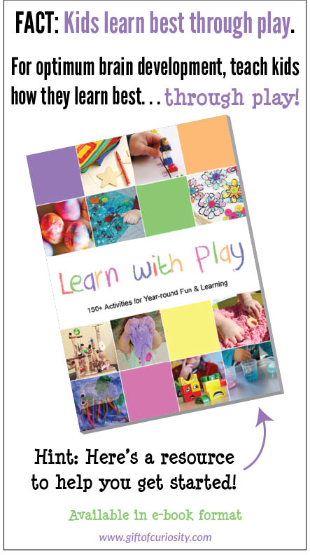Learn with Play: This collaborative book includes more than 150 play-based activities for year-round learning and fun. Activities include fine motor, sensory play, shapes, colors, letters, numbers, play recipes, and much more! #ebook #printables #handsonlearning #ece #playbasedlearning #giftofcuriosity || Gift of Curiosity