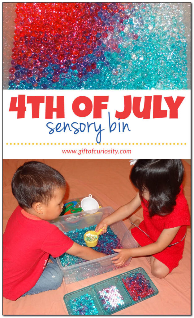 4th of July Sensory Bin made using red, white, and blue water beads. Wonderful and creative sensory play for this patriotic holiday! #4thOfJuly #IndependenceDay #sensoryplay #giftofcuriosity || Gift of Curiosity